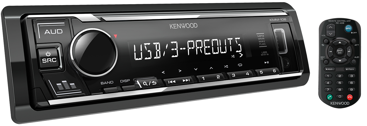 Автомагнитола 3RCA/USB/FLAC/MP3 без CD-привода, c пультом ДУ Kenwood KMM-106